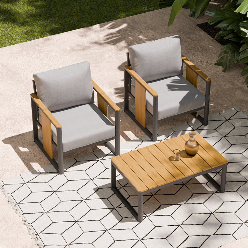 Ensemble de mobilier d'extérieur moderne 2 pièces avec coussins de siège profond et table basse d'appoint en grain de bois clair