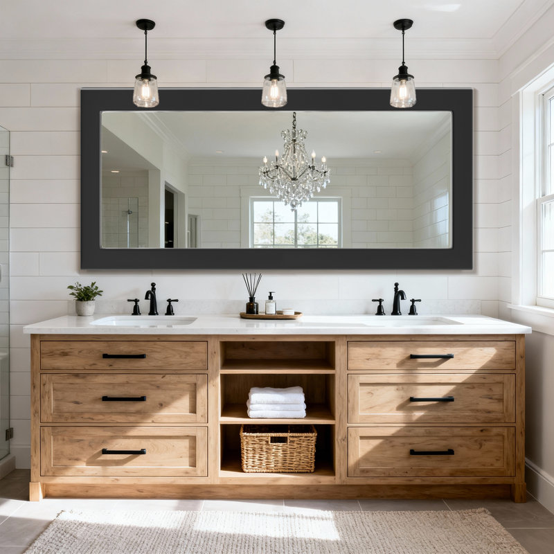 Rectangular Decorative Wall Mirror With Statement Deep Frame, HD Tempered Glass Vanity Mirror For Bathroom, Entryway, Or Bedroom