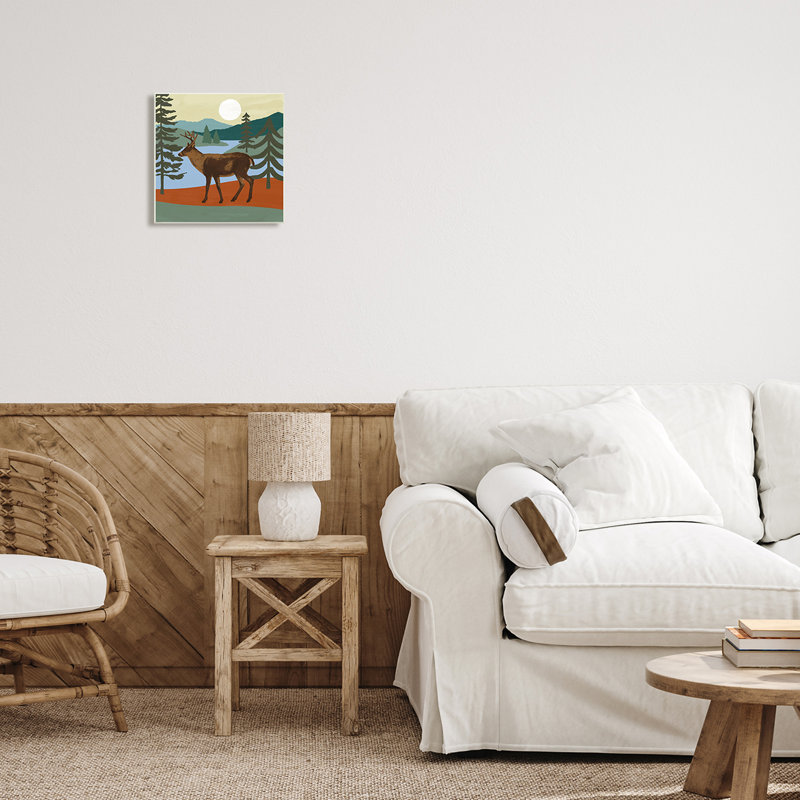 «Lakeside Mountain Peaks Forest Deer Walking» par Victoria Barnes - Peinture, H 12 po x l 12 po x P 0,5 po, Plaque murale
