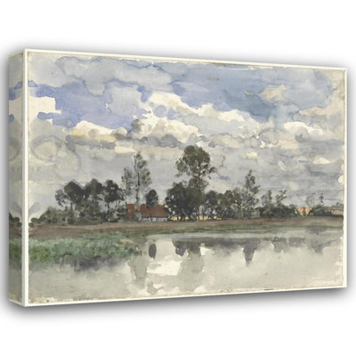 "Trees Reflecting in the Water Under a Cloudy Sky" by  Julius Jacobus Van De Sande Bakhuyzen - Gallery Wrap Canvas Wall Art