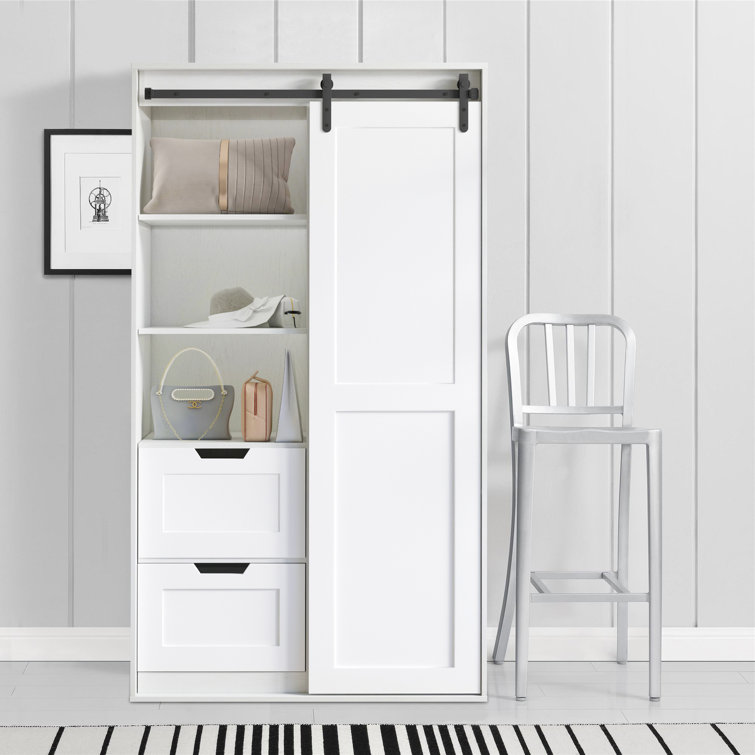 Cathkin 71H Wardrobe Closet with Hanging Rod, Cabinet with 2 Drawers & 2 Shelves, Sliding Door Gracie Oaks Color: White