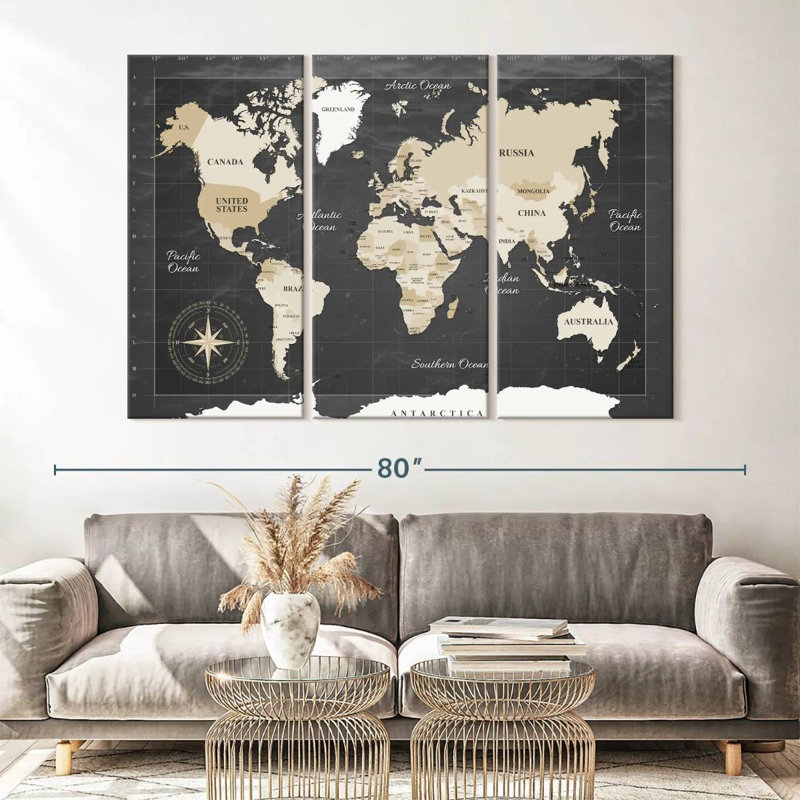 Carte du monde sur toile foncé 3 pièces, H 42 po x l 65 po x P 1,25 po