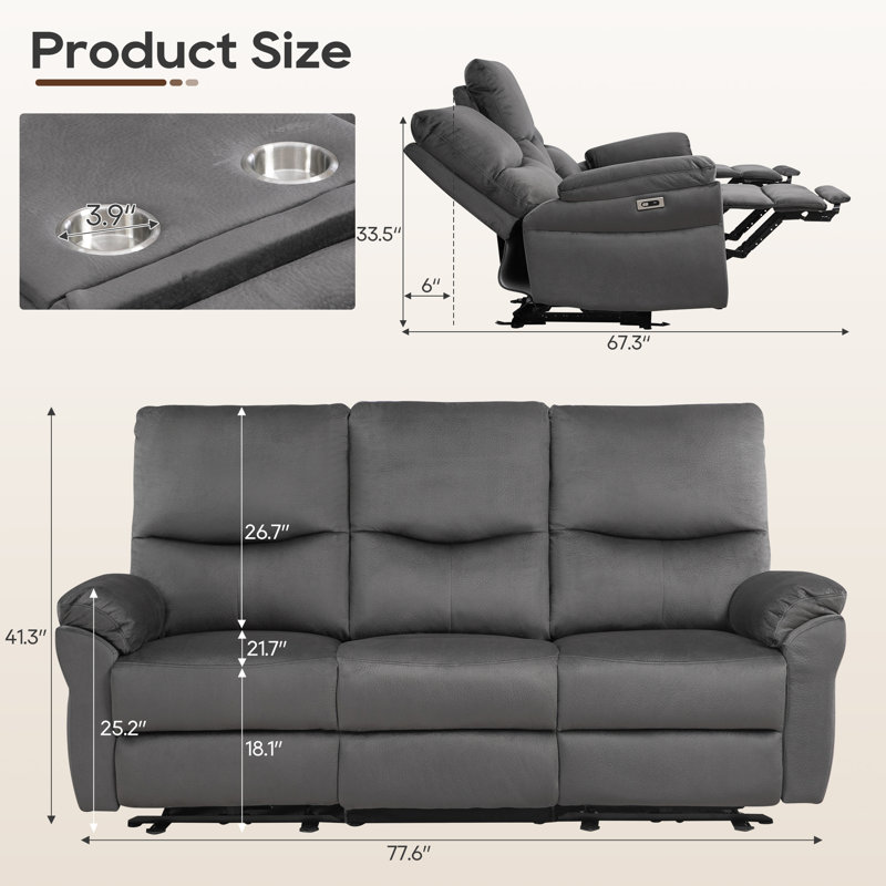 Power Reclining Sofa With Usb Charging Ports, Foldable Center Console, And Cup Holders, Gray