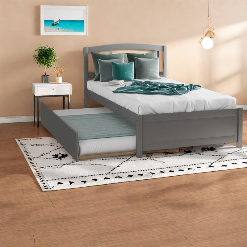 Lits simples en bois de taille compacte, plateforme grise moderne avec lit gigogne