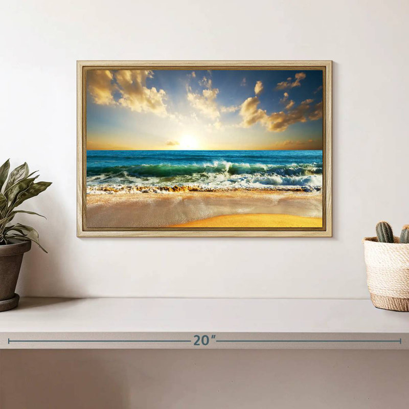 Coucher de soleil sur l'océan, Cadre flottant en bois naturel, 13 po x 9 po
