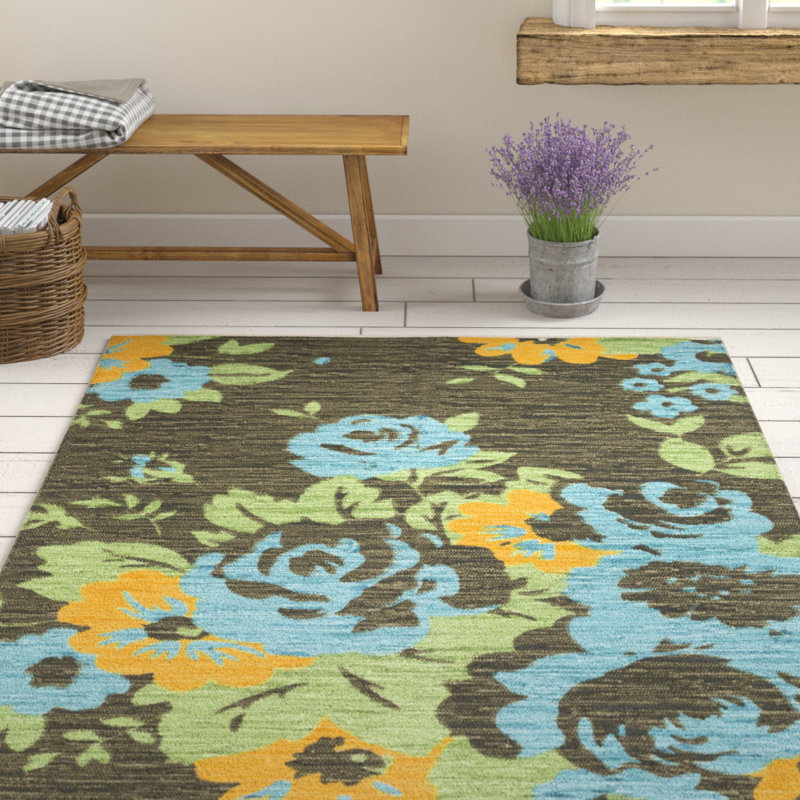 Tapis vert / brun / bleu en coton tissé à la main Elmsford, Rectangle 8 pi x 11 pi