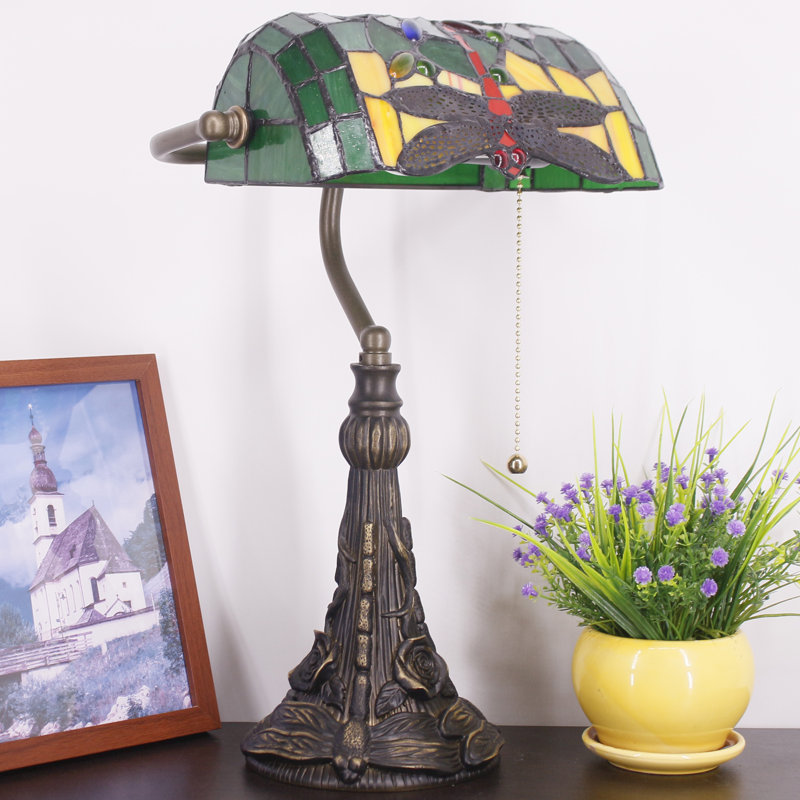 Tiffany Banker Lamp Small Stained Glass Table Lamp Tiffany Style Piano Light Green Dragonfly Style Desk Lamp Angle Adjustable 10.6X15.7 Inch for Home Office Living Room Bedroom