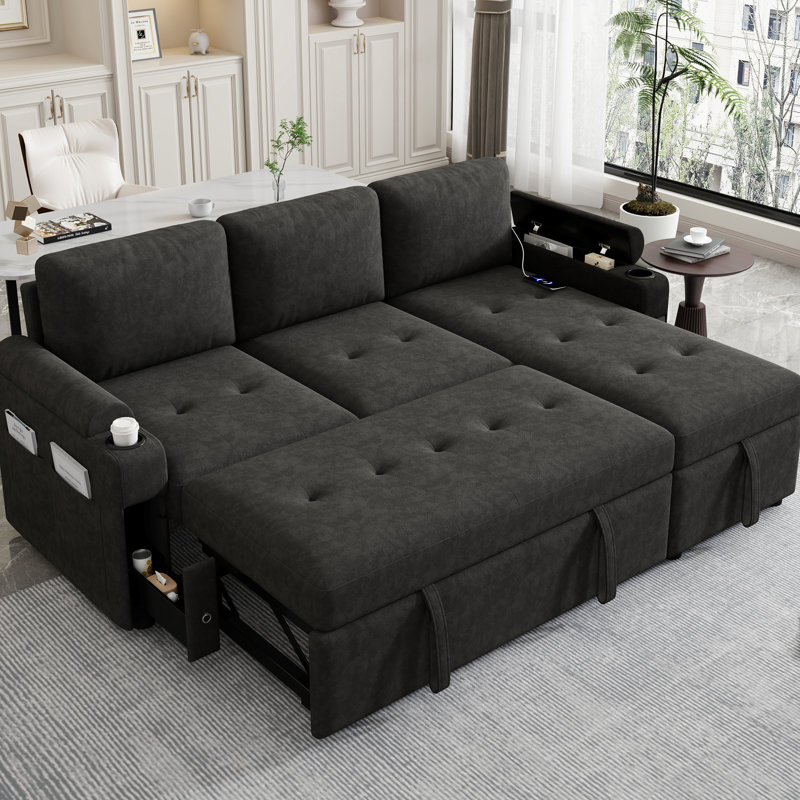 Black L-Shaped With Reversible Chaise Lounge, Cup Holders, Ports & Comfort, Storage Convertible Bed Hidden Storage, Chenille Upholstery,