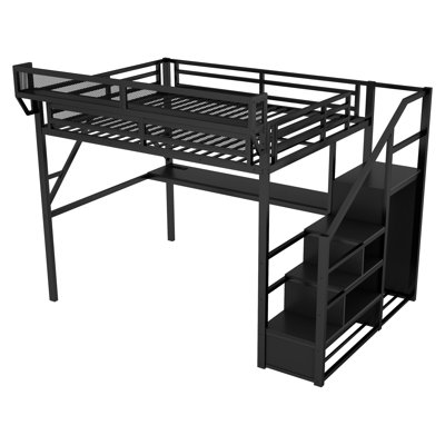 Grand lit mezzanine avec bureau, escalier et station de charge, lit mezzanine en métal avec lumière pour enfants et adolescents, noir