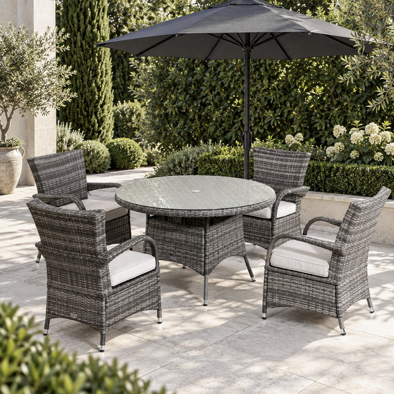 Ashley 4 - Person Wicker Patio Dining Set with Round Table, Cushions Included, Gray/ Light Gray
