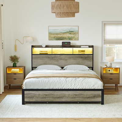 Ensemble de chambre à coucher 3 pièces, lit moderne avec 2 tiroirs et table de chevet 2 vagues