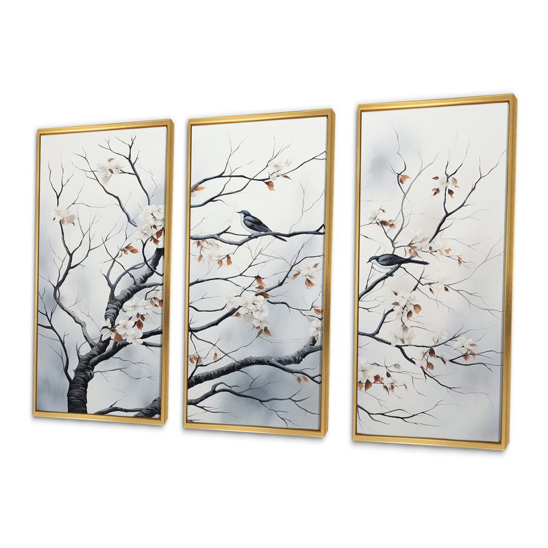 Gris gris, printemps, arbres, oiseaux, art mural, Cadre flottant doré, H 28 po x l 36 po x P 1 po