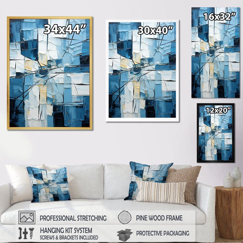 Cubisme bleu et blanc - Formes abstraites, impressions sur toile, H 44 po x l 34 po x P 1,5 po, Encadrement doré
