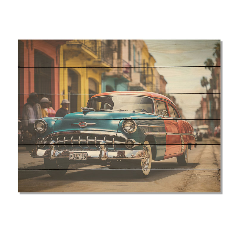«Cuba Classic Iconic Car I - Cuba Landscape», art mural sur bois de pin naturel, H 30 po x l 40 po