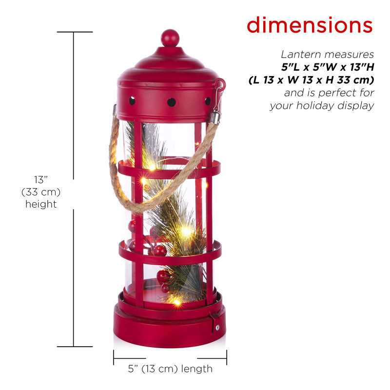Metal and Glass Lantern with 8 Warm White LED Lights, Red