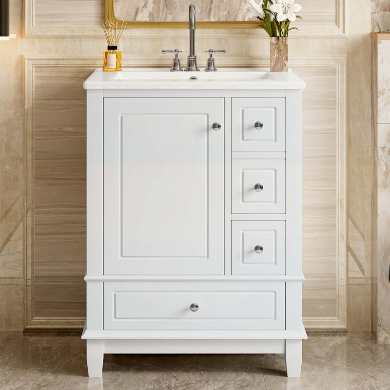 Bathroom Vanity with Ceramic Sink,3 Drawers,Cabinet,and Shelves, White