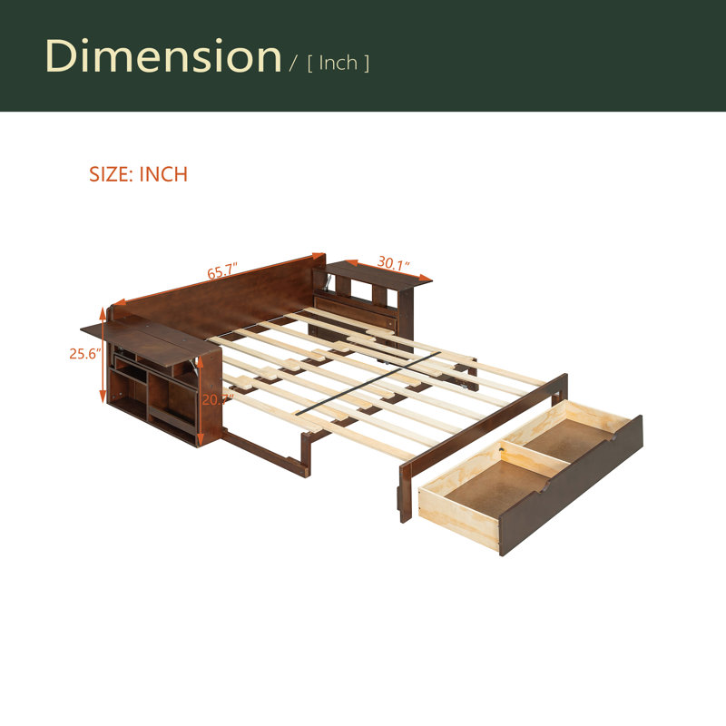 Daybed With Removable Desk, Storage Drawers & Hydraulic Side Table, Full, Espresso