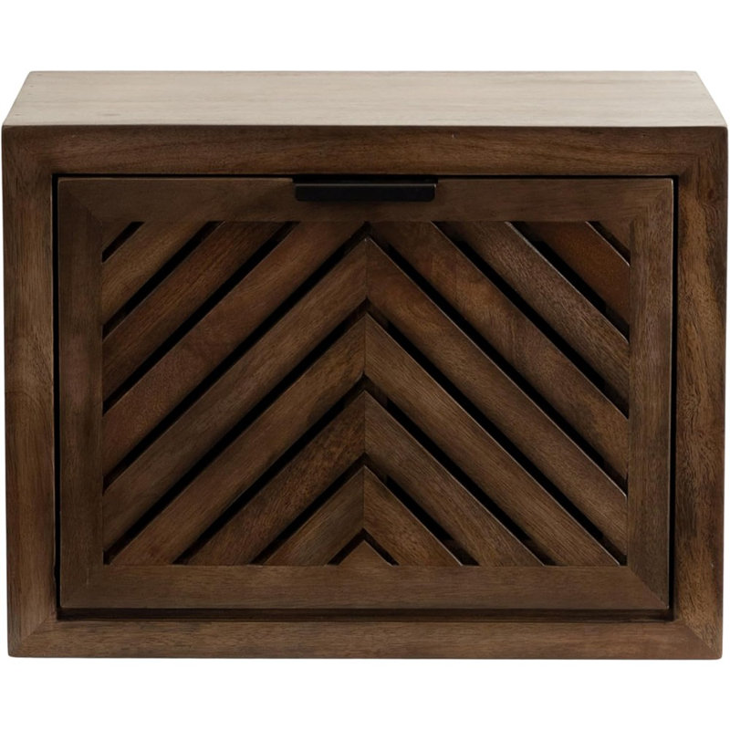 Modern Floating Shelf Side Table With Storage Cubby, Natural Wood, Decorative Slatted Wood Floating Nightstand With Pull Down Door For Use As Bathroom Storage