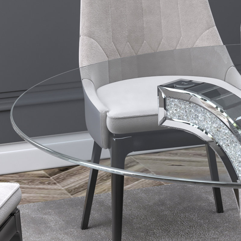 DeGrailly 48'' Tempered Glass Dining Table Mirrored Crushed Diamond Inlay
