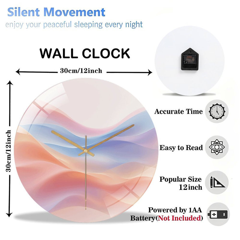 Horloge murale silencieuse en verre trempé de 30 cm, « Décoration murale élégante », sans tic-tac, fonctionne avec des piles (piles AA non comprises), décoration artistique pour la maison