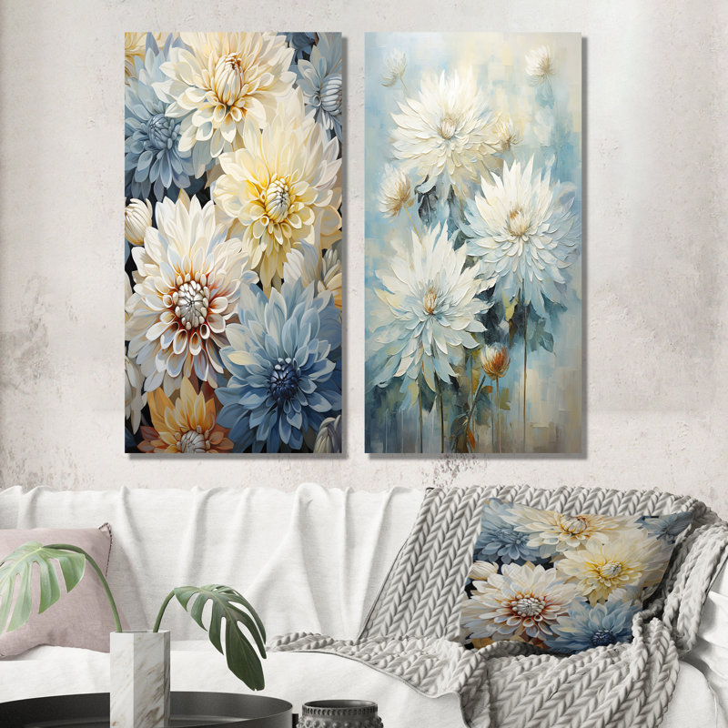 Blooming Mums in Beige and Blue - Mums, ensemble de 2 reproductions d'art en métal, H 28 po x l 24 po