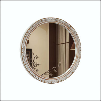 Ornate Round Wall Mirror with Distressed Silver-Gold Carved Frame