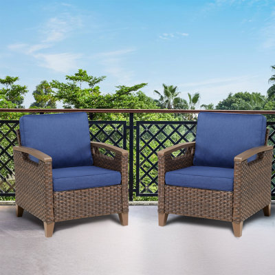 Outdoor Lounge Brown Wicker Chair Set of 2, Patio Lounge Chairs with Blue Cushions for Porch or Deck