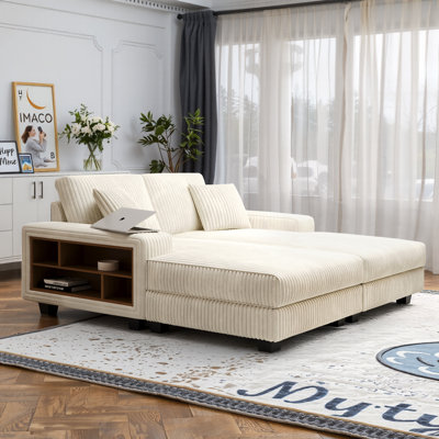 79.5" Oversized Upholstered Chaise Lounge Double Sleeper Sofa With Side Bookshelf And Cup Holder