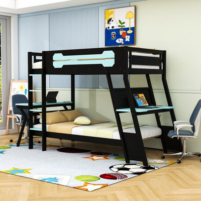 Bunk Bed with Built-In USB Ports and Pegboard,Dual-Desk