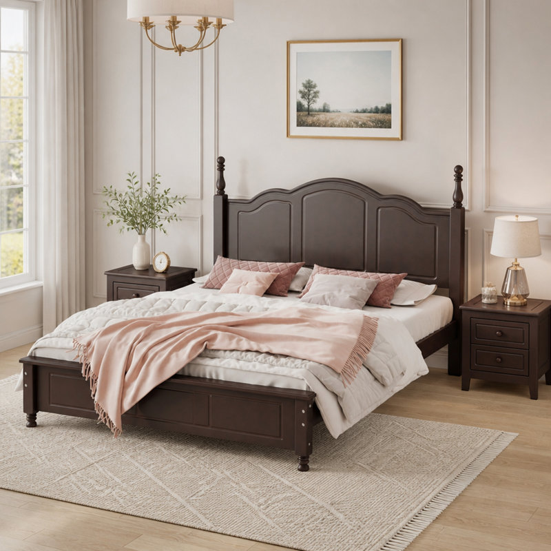 Ensemble de lit plateforme en bois 3 pièces avec deux tables de chevet en noyer foncé, robuste et peu encombrant, Walnut