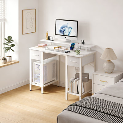 White Computer Desk With Drawers, 42 Inch Home Office Desk Study Writing Table, Gaming Desk With Usb Power Outlets, Office Desk With Fabric Drawer, Work Table With Shelf For Bedroom, White