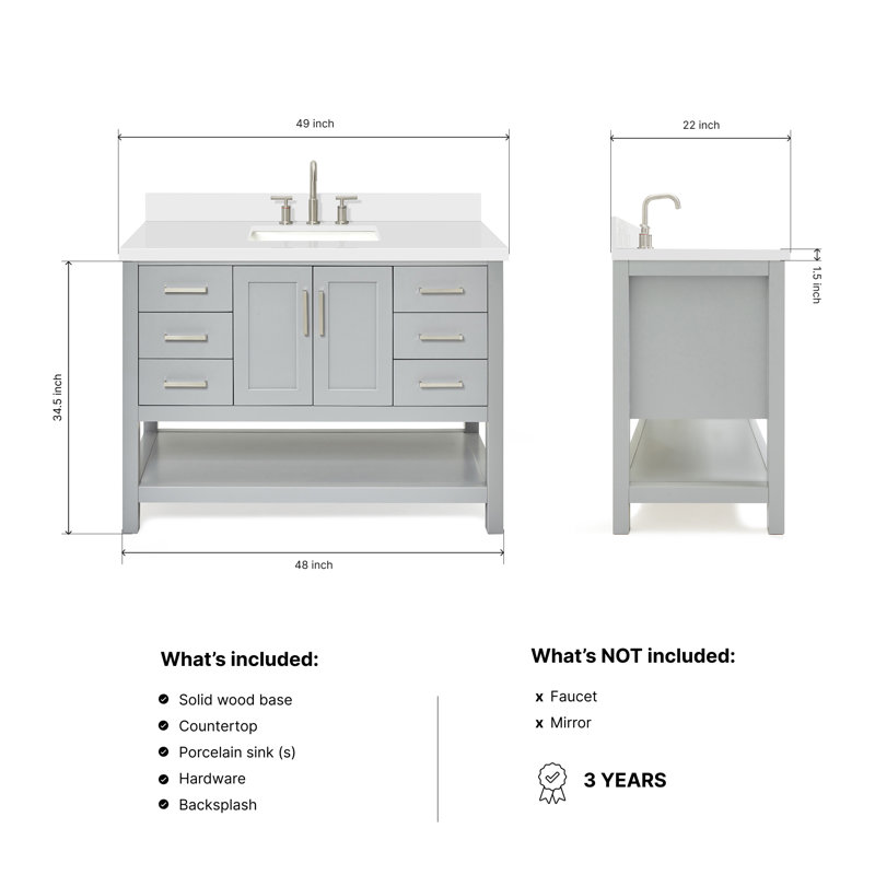 Magnolia Bath Vanity Rectangular Basin S049SWQ, Rectangular, Gray, Pure White Quartz