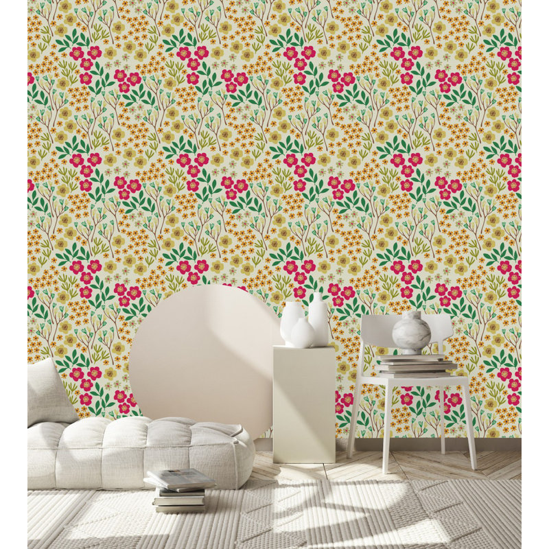 Carreau de papier peint l 25 po, L 2,09 pi x L 10,42 pi, Vert, rose et jaune