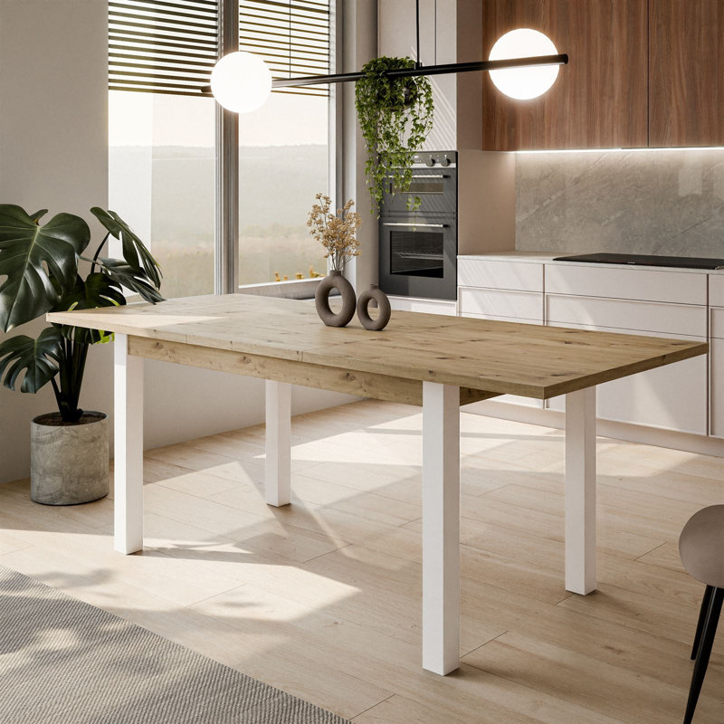 Extendable Metal Base Dining Table, White, Artisan Oak