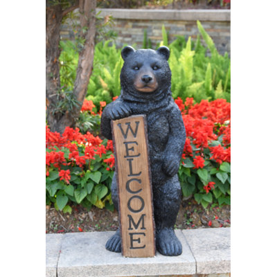 Welcome Bear Haven: Standing Black Bear with Heartwarming Welcome Sign