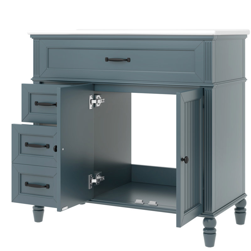 Meuble-lavabo de 36 pouces, bleu, structure en bois massif, planches, lavabo encastré en céramique, armoire avec portes, tiroirs pour rangement d'articles, cercle de débordement en métal, instructions d'assemblage