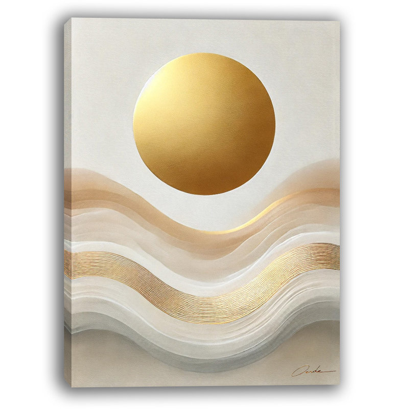 Golden Horizons - art abstrait moderne soleil et vagues, H 16 po x l 12 po x P 1 po