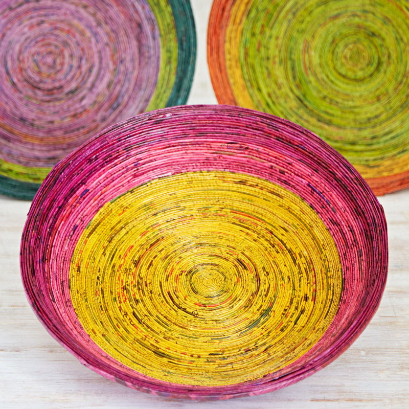 Handmade Paper Decorative Bowl 1, 7.5cm H x 20cm W x 20cm D, Red/Pink/Yellow