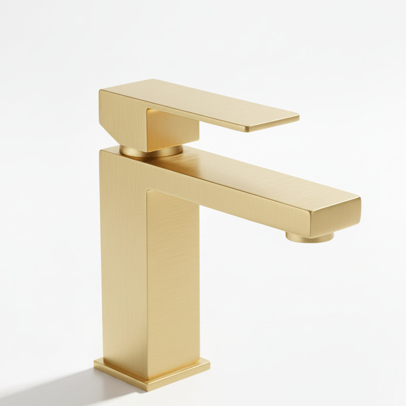 Robinet de lavabo monotrou en or brossé avec poignée - contrôle de l'eau en douceur, construction, cartouche de rouille, finition haute performance, conduites d'alimentation en acier inoxydable incluses, idéale pour l'installation.
