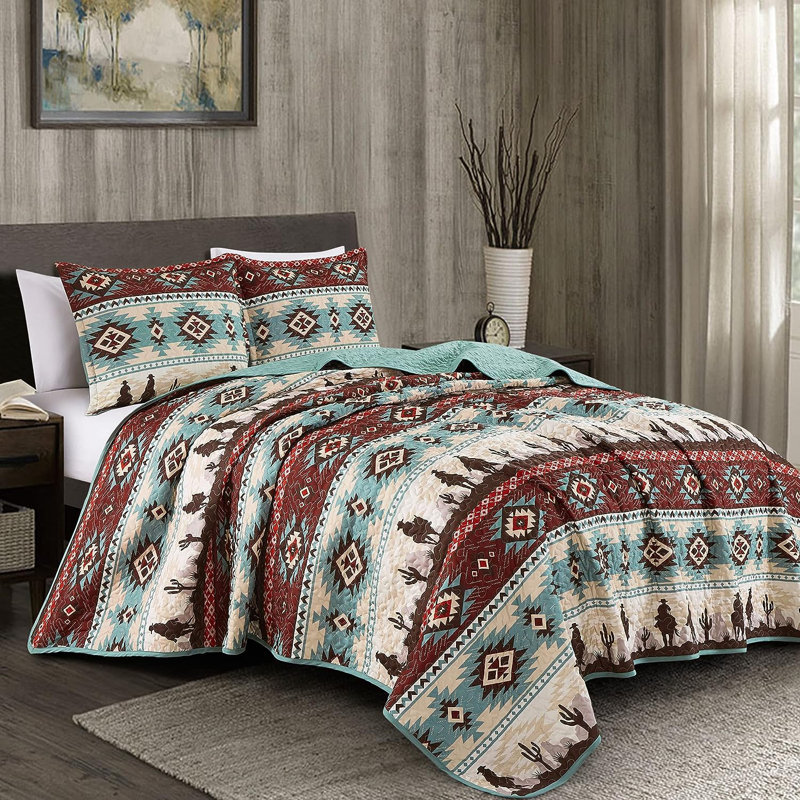 Dune Microfiber Coverlet Southwestern Cowboys Aztec Quilt Set, Full Coverlet + 2 Standard Shams