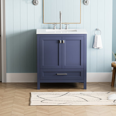 Navy Blue Bathroom Vanity 30" - Fully Assembled With Sink And Solid Wood Frame. Marble Countertop. Soft Closing System. Storage. 30.06 In Depth X 19.08 Width 34.95 Height. 93.04 Lb Cabinet Assembled.