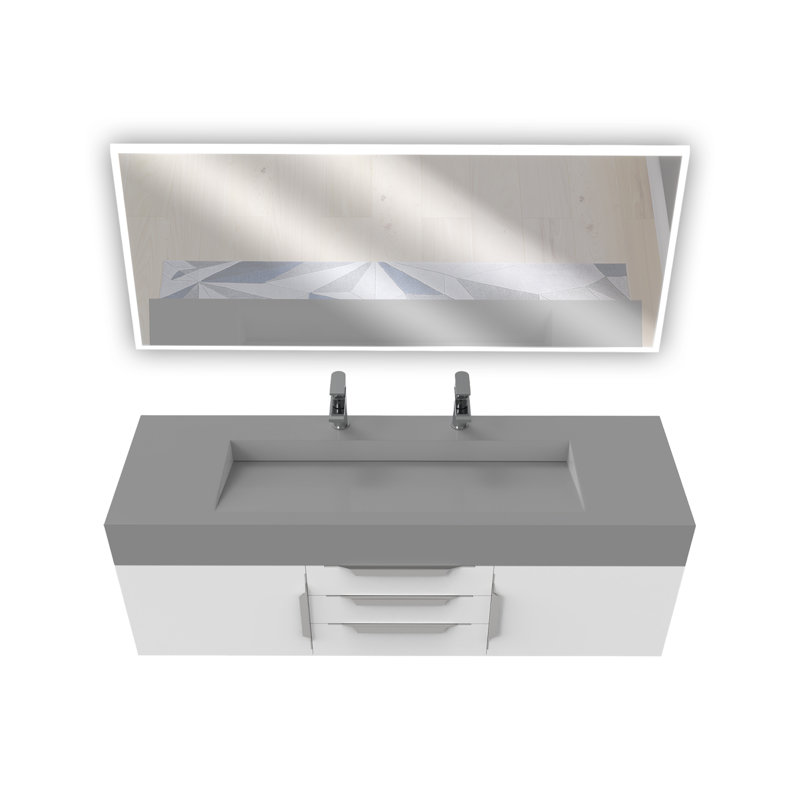 Ensemble de meuble-lavabo simple mural 60 "avec miroir Nile, gris, Blanc, Nickel brossé