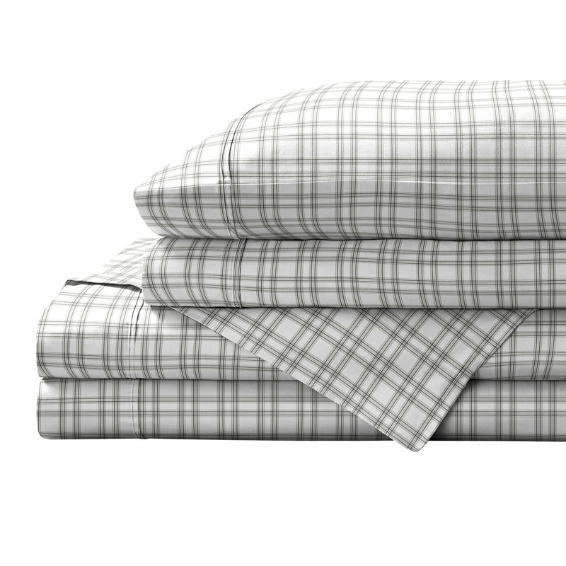 King Gray Plaid Cotton Percale Sheet Set