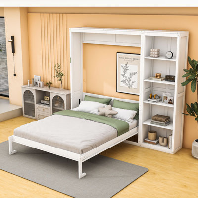 Lit escamotable en bois avec tablettes et tête de lit