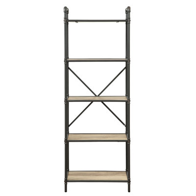 Antique Oak & Sandy Grey 5-Shelf Industrial Bookcase - Strong Metal Construction For Enhanced Display And Organization Great Books, Plants, Decor In Living Spaces, Offices, Bedrooms Vintage-Style 5