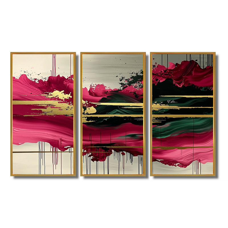 «Abstract Rose Fragments Of Time I», art mural abstrait, ensemble de 3, H 40 po x l 60 po, Doré