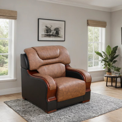 38" Modern Genuine Leather Oversized Armchair With Curved Wood Accents