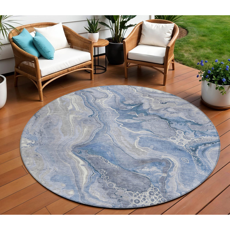 Tapis extérieur rond lavable abstrait bleu et ivoire 8 pi Denim