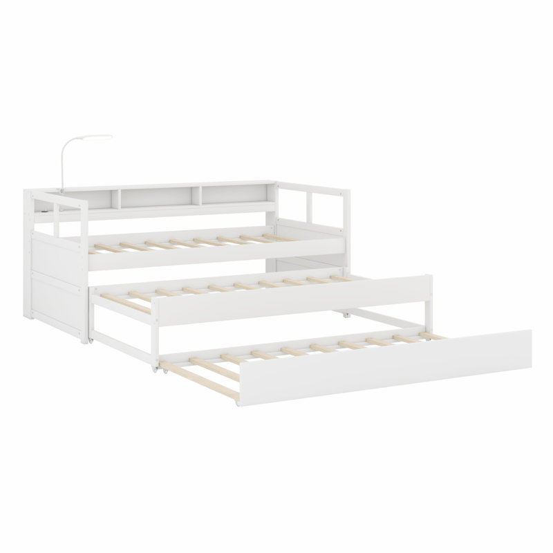 Lit de jour avec lit gigogne, tablettes de rangement, lumière gratuite et conception de chargement USB, Blanc