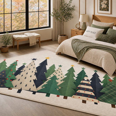 1 tapis de festif à motif d'arbre de Noël pour le salon, la chambre à coucher, la cuisine, le bureau, l'intérieur, lavable, antidérapant, envers pour la maison